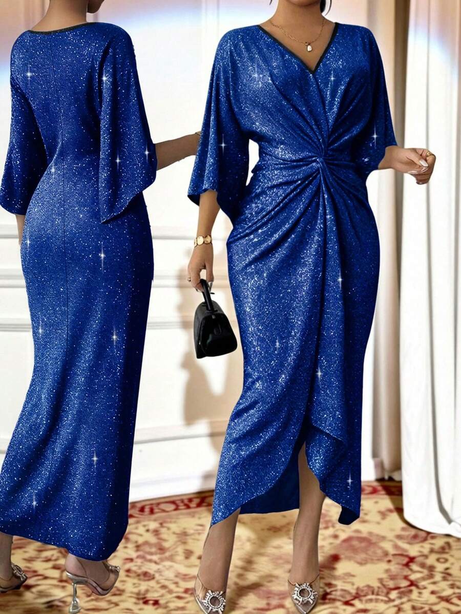 SHEIN Lady Plus Size Women's Glitter Twist Waist Flare Sleeve Elegant Sexy Dress Royal Blue Dress Cocktail Autumn Fall Evening Evening - Navy Blue - View 1