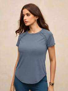 Activina Women's Solid Color Round Neck Mesh Patchwork Raglan Sleeve Waist-Defining Slimming Sports T-Shirt - Blue - View 5