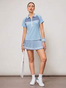 Activina Women's Contrast Color Lapel Short Sleeve Sports Polo Shirt Suitable For Sports And Fitness - Baby Blue - View 3