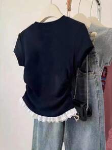 INAWLY New Lace Trim Short Sleeve Casual Fitted Waist Top For Women - Navy Blue - View 2