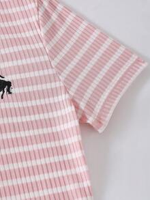 SHEIN Gaun Anak Perempuan Bergaris Merah Muda dengan Motif Kuda Poni, Desain Belahan, Kain Bertekstur Rajut, Gaun Kasual Sehari-hari - Berwarna merah muda - View 5