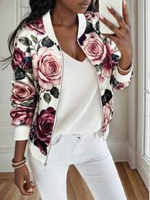 SHEIN Holidaya Spring/Autumn Casual Floral Print Jacket - Multicolor - View 1