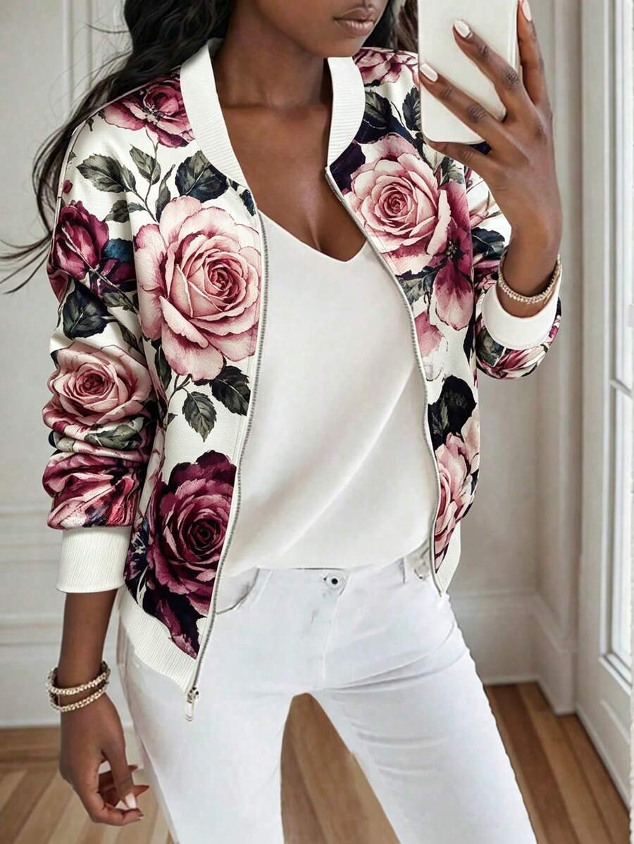 SHEIN Holidaya Spring/Autumn Casual Floral Print Jacket - Multicolor - View 1