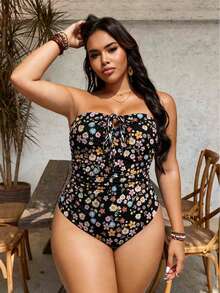 Swim Lushoire 女款大尺碼雙色條紋印花平口中胸隧道抽繩前褶皺極簡優雅休閒日常海灘度假式一件式泳衣 - 彩色 - 查看 3