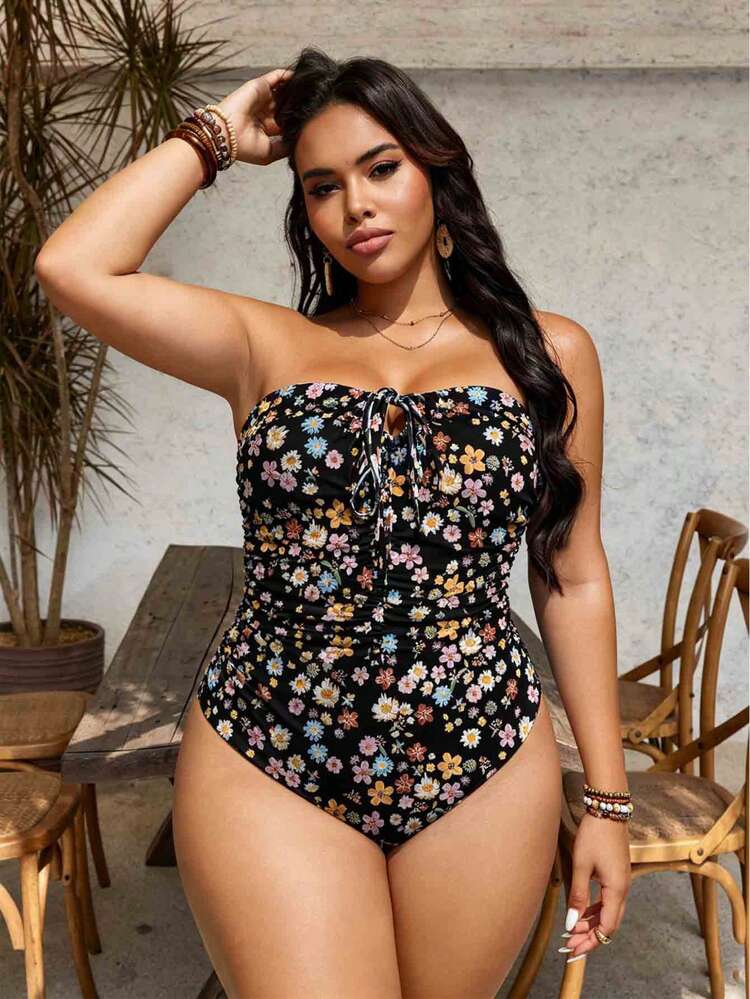 Swim Lushoire Women's Plus Size Two-Tone Striped Print Bandeau Mid