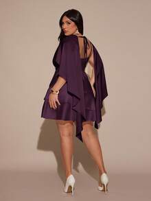 SHEIN BAE Vestido tipo chal de satén con dobladillo asimétrico, espalda fruncida y correa ajustable con hebilla para mujer talla grande, otoño/invierno - Morado - Ver 2
