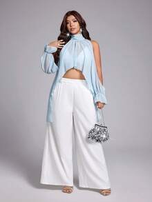 Viva Relle Plus Size Women's Summer Stand Collar Pleated Solid Color Asymmetrical Hem Elegant Sexy Blouse - Blue - View 5