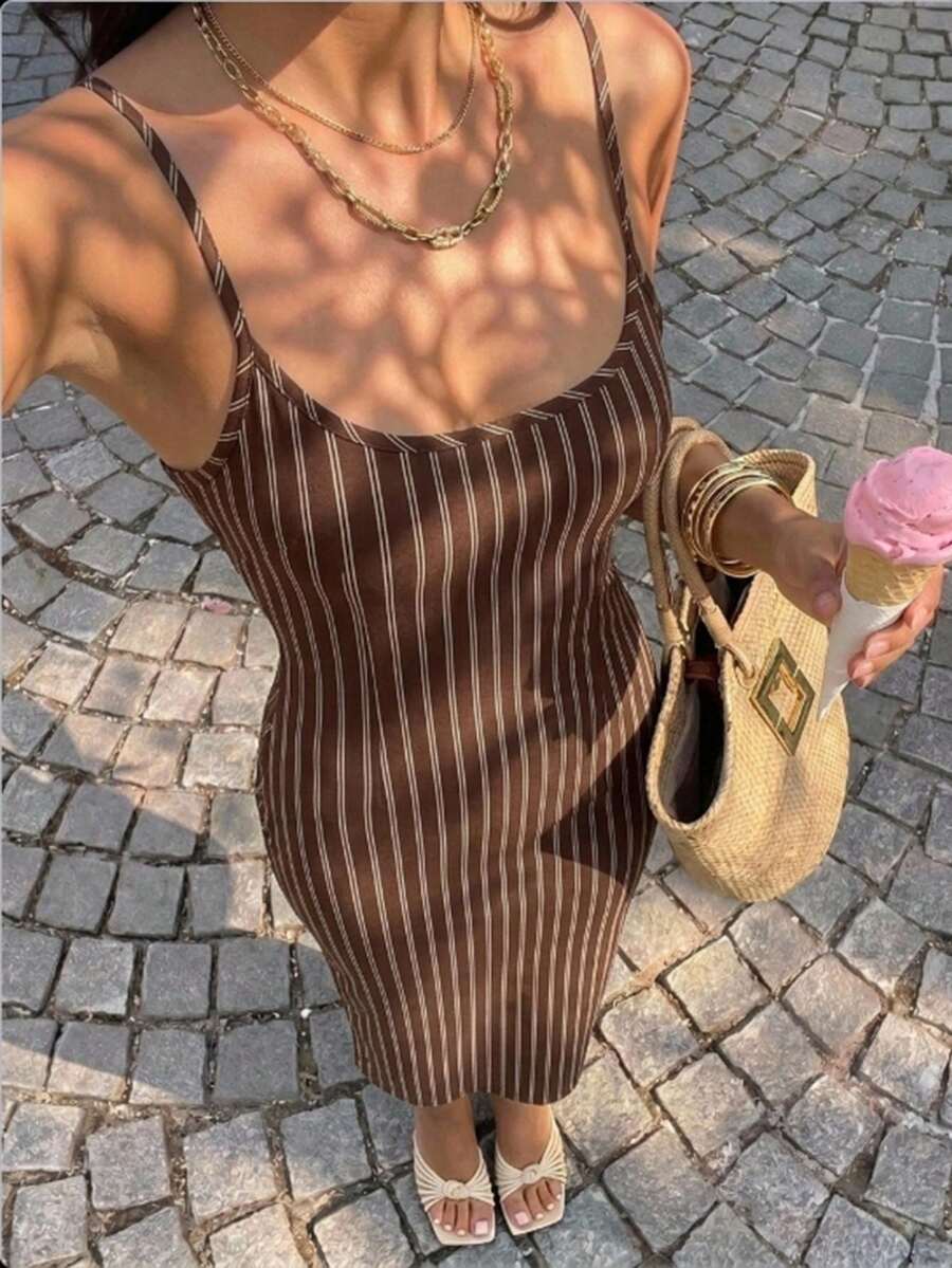 SHEIN EZwear Đầm maxi ôm sát dây mảnh in toàn thân phong cách tối giản thường ngày phù hợp cho mùa hè - Nhiều màu - Xem 1
