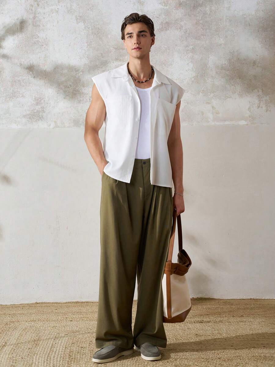 TONEVAULT Men's Pleated Loose Pocket Sleeveless Shirt - White - View 1