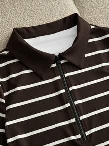 GlowEve 女款翻領拉鍊 POLO 衫 T-Shirt 洋裝，修身復古運動風棕色條紋，適合夏季休閒外出、休閒運動、校園、早午餐 - 彩色 - 查看 4
