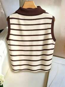 Camiseta de tirantes de punto con cuello y rayas elegante y casual para mujer - Marrón - Ver 2