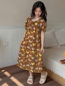 DAZY Round Neck Butterfly Pattern Short Sleeve Loose A-Line Maxi Dress For Tween Girls, Loungewear Summer - Brown - View 3