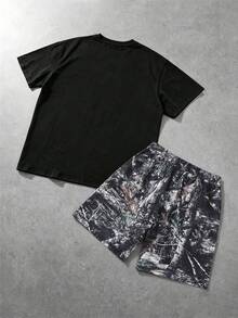 ROMWE MEN Street Life Conjunto de camiseta de manga corta y pantalones cortos con estampado de personajes para hombre, adecuado para primavera y verano - Negro - View 6