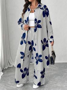 Elenzga Plus Size Digital Print Fabric Lapel Regular Long Sleeve Long Shirt And Loose Straight Leg Pants Casual Outing Commute Two Pieces Set - Multicolor - View 4