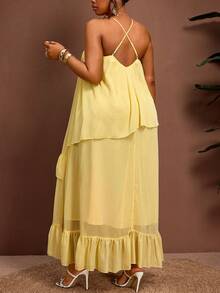 Truni Plus Size Loose Ruffled Strap Dress For Summer Vacation, For Pear And Triangle Wedding Guest Butter Yellow Elegant - Orange - View 2