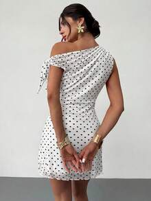 Firerie Damen Sommer Neu Klassisch Retro Polka Dot Asymmetrisches Off-Shoulder Sexy Elegantes Urlaubs Mini Kleid, Mesh Polka Dot Kleid, Asymmetrisches Ausschnitt Kleid, Frühling/Sommer Kleidung, Strandmode, Elegant, Sexy, Urlaub, Strand, Hawaiianisch, Dating, Party, Musikfestival, Abschlussball Kleid, Ballkleid/Braunes Kleid - Weiss - Übersicht 2