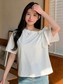 DAZY 女款純色蝴蝶結裝飾休閒百搭日常短袖T恤 夏季 - 白色 - 查看 3