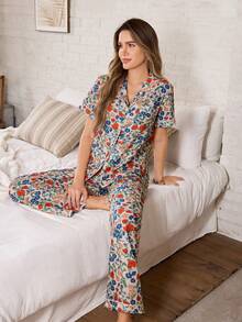 Serenescape Floral Print Lapel Short Sleeve Long Pants Pajama Set - Multicolor - View 7