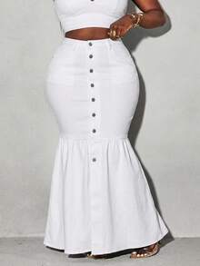 Slaydiva Falda vaquera ajustada de talla grande para mujer con botones y volantes en el bajo de unicolor - Blanco - Ver 4