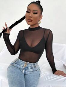 SHEIN SXY Mesh Top mit Stehkragen & BH - Schwarz - Übersicht 7