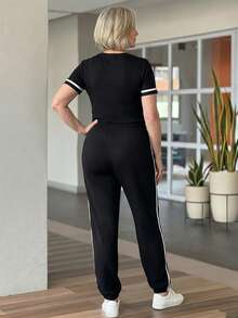 EMERY ROSE Conjunto de top de manga corta con malla de contraste y pantalones para mujeres de mediana edad y mayores - Negro - Ver 2
