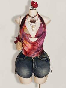 SHEIN ICON Plus Size 2pcs Summer Going Out Beach Hawaii Party Homecoming Concert Club Glitter Backless Women Tank Tops & Camis - Red Violet - View 4