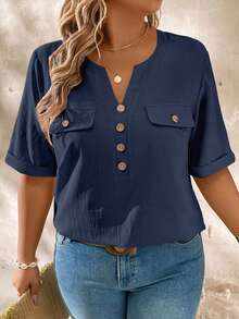 EMERY ROSE Casual Daily Notch Neck Wood Button Decor Short Sleeve Plus Size Shirt - Navy Blue - View 3