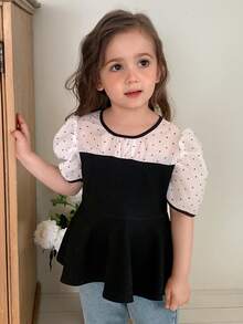Dazy Kids Contrast Color Patchwork Puff Sleeve Cute Waist-Cinching Young Girls Blouse Summer - Black and White - View 5