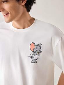Strevion TOM & JERRY 男士休闲百搭简约条纹 JERRY 元素印花短袖T恤 - 白色 - 查看 5