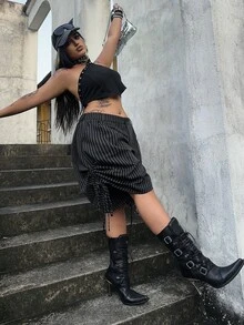 Whyspr Celana Pendek Kasual Asimetris Bergaris dengan Tali Serut Samping untuk Wanita Ukuran Plus - Hitam - View 6