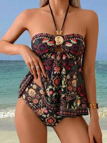 Swim Lushoire Women's Mature Vacation Tankini Tankini Set, 2-Piece Design With Wide Skirt, Print, Metal Gold Conch Shell Shape Trim, Gold Bead Shoulder Straps, 2-Piece Mature Vacation Tankini Tankini - Black - View 3