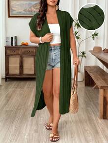 Weeklong Cárdigan casual de punto de manga corta y unicolor para mujer de talla grande - Verde militar - View 1