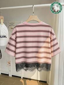 Comfortcana Plus Size Women Striped Short Sleeve Lace Hem Casual T-Shirt - Multicolor - View 2