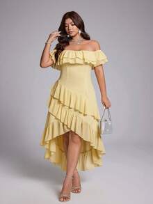 Viva Relle Butter Yellow Off-Shoulder Ruffle Dress, Multi-Layered Flounce Waist-Defining High-Low Asymmetrical Dress Vacation Summer Elegant - Yellow - View 2