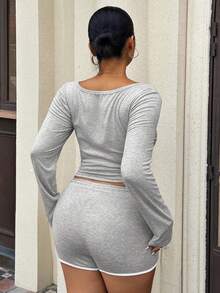 Dazy Plus Solid Color Elastic Bodycon Half-Open Front Cropped Blogger Casual Streetwear Top Ultra Mini Tight Shorts 2pcs Set Plus Size Women Autumn White Office - Grey - View 4