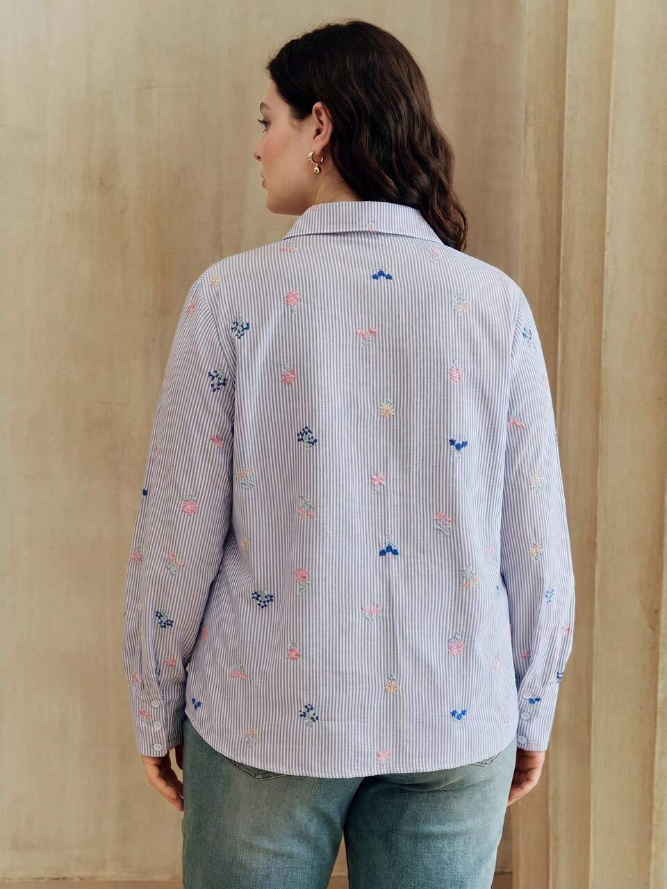 Elegant Heavy Embroidery Random Floral Design Long Sleeve Versatile Commuter Style Blue & White Striped Plus Size Women's Blouse