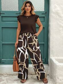 EMERY ROSE Casual Minimalist Plus Size Geometric Print 2 Pieces Set - Multicolor - View 5