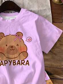 Bộ đồ 2 mảnh áo ngắn tay và quần short cho bé gái tuổi teen, phong cách casual đơn giản dễ thương, họa tiết Capybara, màu tím, kẻ sọc, phong cách Kawaii Y2K, thoải mái, phù hợp mùa xuân/hè - Nhiều màu - Xem 6
