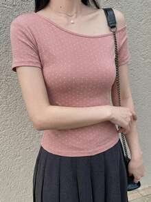 Dazy Tall 女款高個子長袖圓點蕾絲拼接休閒T恤，適合高個子女孩 - 彩色 - 查看 4