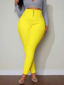 SHEIN SXY Plus Size Solid Color High Waist Slim Fit Jeans - Yellow - View 5