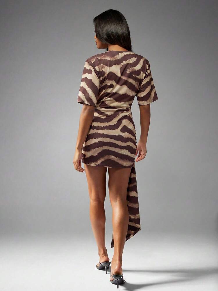 MISSGUIDED Stretch Printed Short Sleeve Side Draped Mini Dress With Belt Detail Animal Print Bodycon Fit