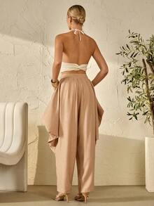 Bóhologie Damen Frühling Sommer Hose Lange Länge Braun Harem Hose Plissiert Baggy Leinen Drapierte Weite Beine Ballon Bündchen Lässiger Schnitt Hoher Bund Strand Lässig - Beige - Übersicht 2