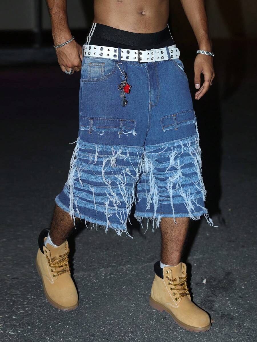 STEELVANCE American Street Style Patchwork Frayed Denim Shorts - Blue - View 1
