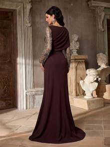 Aureia Elegant Luxurious Beaded Sequin Bubble Bead Embroidery Sheer Sleeve Patchwork Elastic Knit Ruched Mermaid Ruffle Dress - Rust Brown - View 3