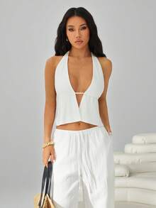 SHEIN PETITE Bộ đồ 2 mảnh gồm áo tank top buộc dây cổ yếm hở lưng và quần ống rộng có dây rút. Thích hợp cho đi club, đi nghỉ mát, đi biển, dự tiệc rave, đi nghỉ ở Hawaii. - trắng - Xem 8