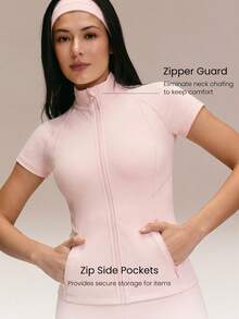 GLOWMODE FeatherFit™ Cool Contour Buttery-Soft Sweat-Wicking Stretchy Slim-Fit Short-Sleeve Zippered Side Pockets Zip-Up Jacket Low Impact Yoga Pilates Studio Daily Active Wear - Baby Pink - View 3