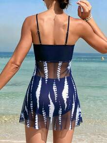 Swim Lushoire 女款海灘度假紮染印花抓皺細肩帶泳裝連身裙附泳褲，隨機印花 - 彩色 - 查看 2