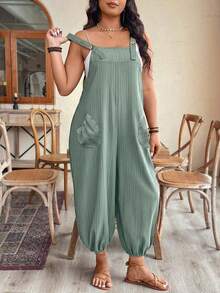EMERY ROSE Plus Size Women's Early Spring Minimalist Elegant Textured Loose Cuffed Overall Jumpsuit - Green - View 3