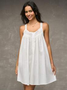 Esseday Women's Floral Embroidery Hollow Button Design Nightgown, Ladies' Sleepwear Dress - White - View 6