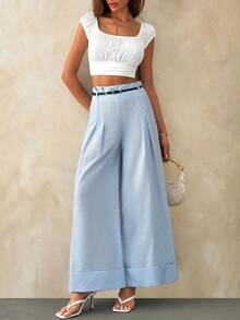 EURMUSE Blue And White Stripe Elegant Casual Wide Leg Pant With Belt Pants For Summer And Spring Brunch Teachers' Day Vacation Business - Blue and White - View 3